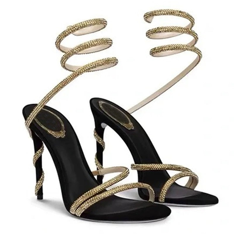 Rhinestone snake wrap strap hollow stiletto heel